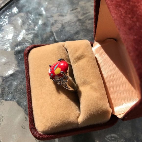 Red Coral Ring with Silver Toned Setting & Band - Picture 4 of 7